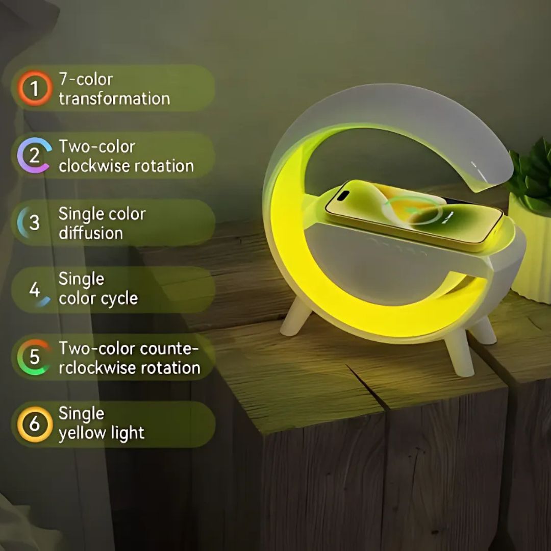G-Shaped RGB Table Lamp with 15W Wireless Charger, Bluetooth Speaker & Sunrise Wake-Up Light | 4-in-1 Smart Night Light