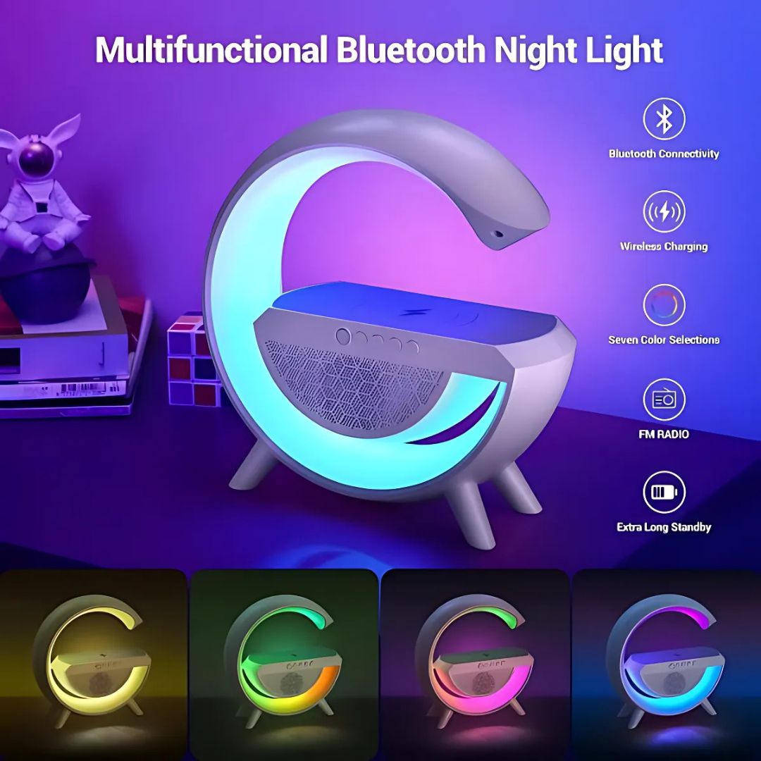 G-Shaped RGB Table Lamp with 15W Wireless Charger, Bluetooth Speaker & Sunrise Wake-Up Light | 4-in-1 Smart Night Light