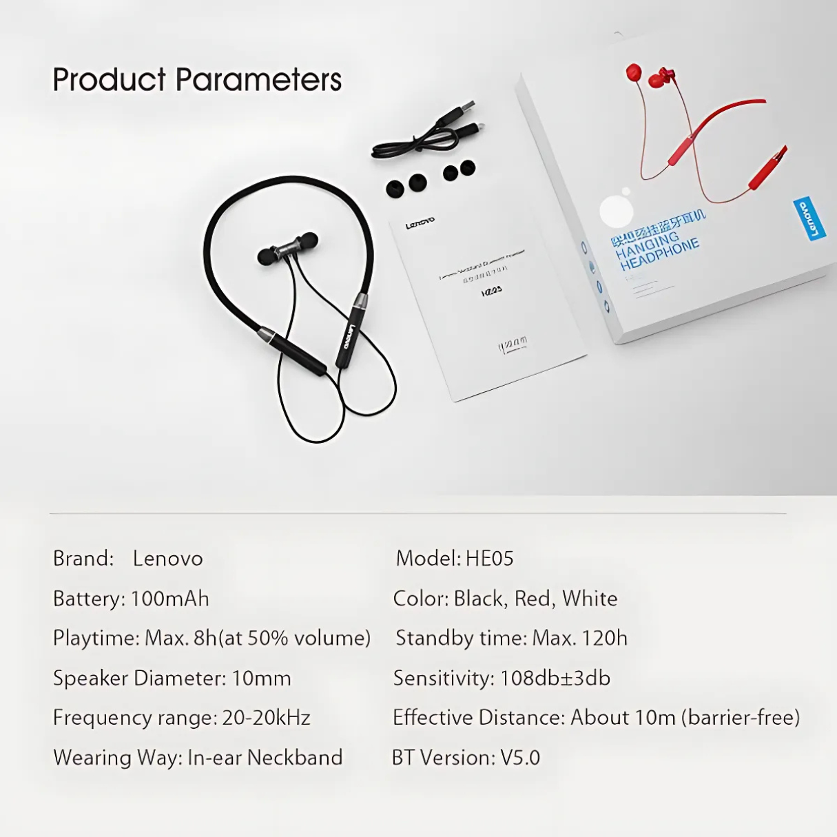 Lenovo HE05 Wireless Bluetooth 5.0 Neckband Earbuds – Hi-Fi Bass, Magnetic In-Ear Sports Headset | Waterproof, Long Battery Life