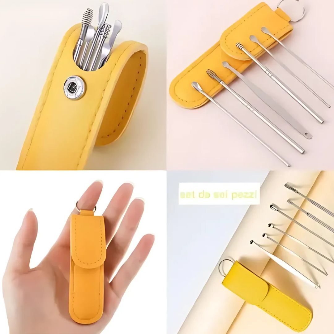 6-in-1 Ear Wax Cleaning Kit – Stainless Steel Earpick Tool Set with Leather Case