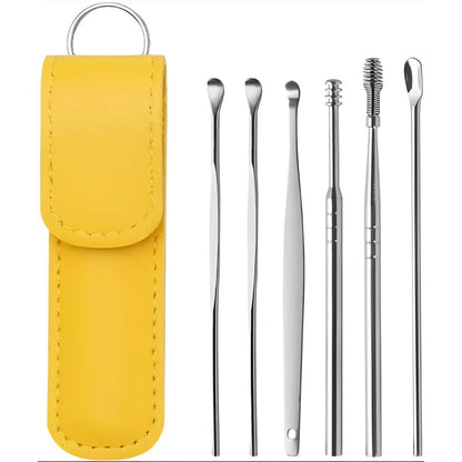 6-in-1 Ear Wax Cleaning Kit – Stainless Steel Earpick Tool Set with Leather Case