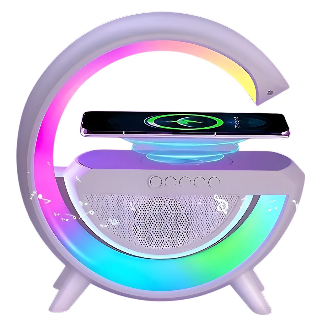 G-Shaped RGB Table Lamp with 15W Wireless Charger, Bluetooth Speaker & Sunrise Wake-Up Light | 4-in-1 Smart Night Light