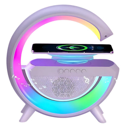 G-Shaped RGB Table Lamp with 15W Wireless Charger, Bluetooth Speaker & Sunrise Wake-Up Light | 4-in-1 Smart Night Light