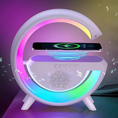 G-Shaped RGB Table Lamp with 15W Wireless Charger, Bluetooth Speaker & Sunrise Wake-Up Light | 4-in-1 Smart Night Light