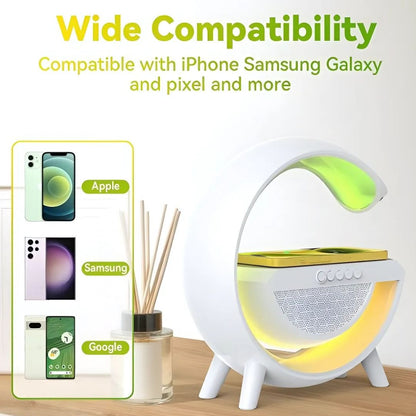 G-Shaped RGB Table Lamp with 15W Wireless Charger, Bluetooth Speaker & Sunrise Wake-Up Light | 4-in-1 Smart Night Light