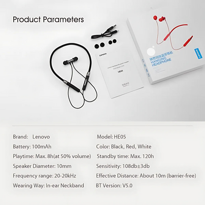 Lenovo HE05 Wireless Bluetooth 5.0 Neckband Earbuds – Hi-Fi Bass, Magnetic In-Ear Sports Headset | Waterproof, Long Battery Life